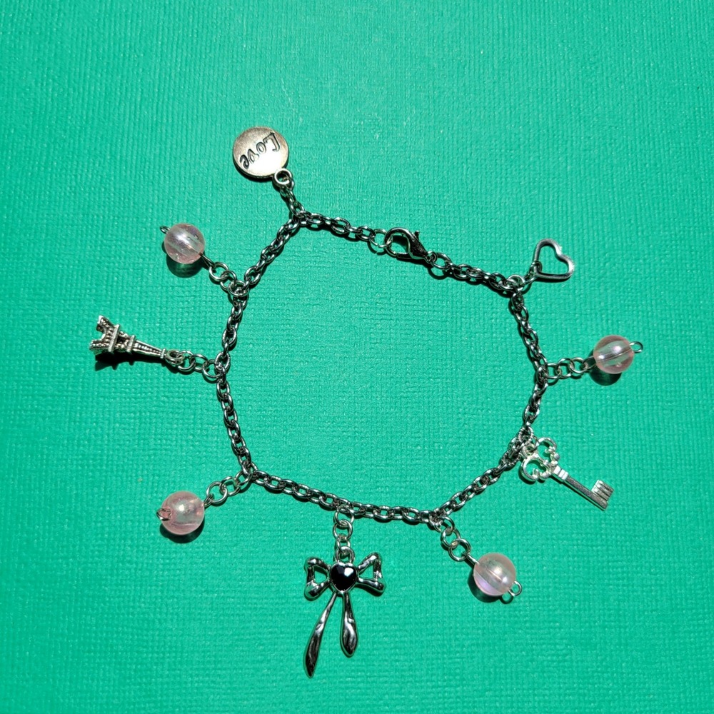 Handmade charm bracelet fmeinine coquette girly bow heart charm pink silver cute